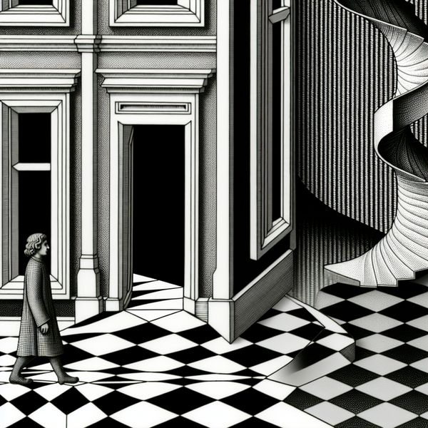 Surrealistisch vertrek: onmogelijke trap als metafoor voor weggaan Surrealistische tekening in de stijl van M.C. Escher van een persoon die een onmogelijke trap betreedt vanuit een deur, symboliserend weggaan uit een plaats of situatie