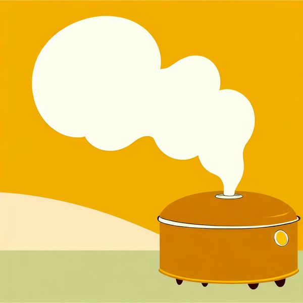 Minimalistische illustratie van een ronde boiler met losse deksel waar witte stoom uit weglekt in zachte krullen