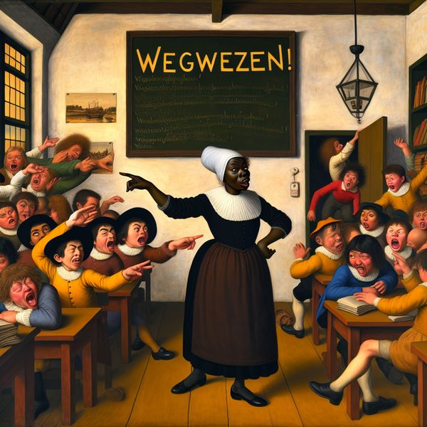Informele opdracht verdwijnen: klaslokaal scène met 'Wegwezen!' in Jan Steen-stijl Klaslokaal in chaotische stijl van Jan Steen waar leraar 'Wegwezen!' roept tegen leerlingen die haastig vertrekken