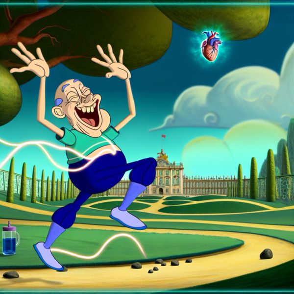Cartoonfiguur springt vrolijk in een park, omgeven door een energievolle aura, symboliserend welzijn en een gezonde leefstijl