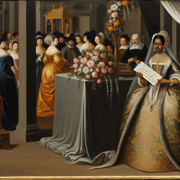 Wensen voor het bruidspaar tijdens een huwelijk Elegantly dressed woman at a wedding altar holding a card with handwritten wishes for the couple.
