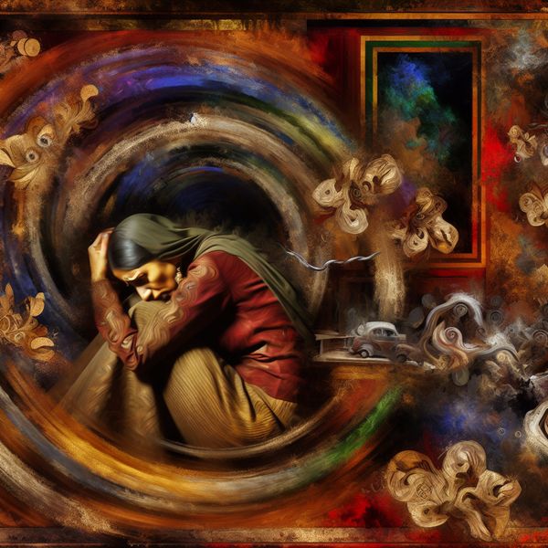 Wereld van verdriet: symbolische hoeveelheid emotionele last in barokstijl Vrouw omringd door een kolkende wereld van verdriet in de levendige stijl van Jan Steen, symboliserend een overweldigende hoeveelheid emotionele last