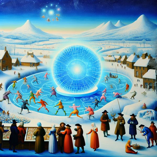 Futuristisch ijsbeeld wereldwijd computernetwerk in historische winterscène Levendige winterscène met futuristisch ijsbeeld van een gloeiende wereldbol, symboliserend het wereldwijde computernetwerk, met mensen die informatie zoeken op digitale tablets in een historische setting