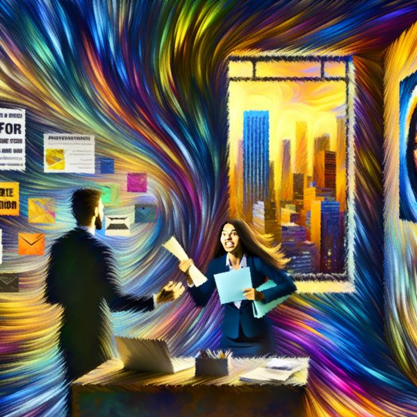 Werkaanbieding Ontvangen in een Creatieve Kantooromgeving Een jonge professional ontvangt glimlachend een werkaanbiedingsbrief van een hiring manager in een kleurrijk kantoor.