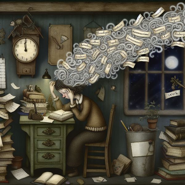 Gespannen student of professional aan een overvolle bureau met een wolk van stressvolle termen zoals deadlines en examens boven het hoofd, in nostalgische Anton Pieck-stijl