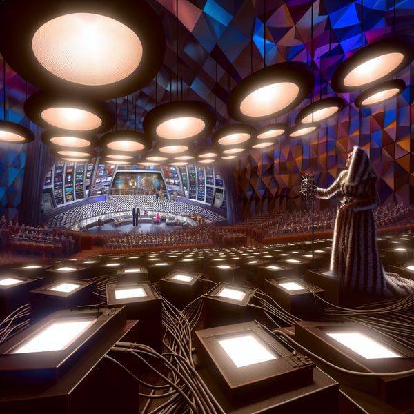 Werken bij de omroep: surrealistische televisie-opnamestudio met presentator en crew Hyperrealistische surrealistische weergave van een televisie-opnamestudio met presentator, camera en controlekamer, geïnspireerd op Carel Willink