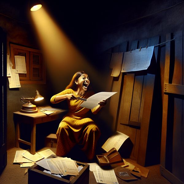 Werknemer Ontvangt Salaris - Chiaroscuro Scene Een werknemer die enthousiast naar zijn salaris kijkt in een sfeervol verlichte kantoorruimte.