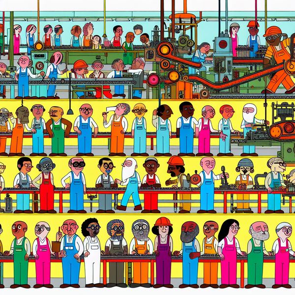 Een cartoonachtige afbeelding van verschillende werknemers in kleurrijke overalls in een drukke fabriek.