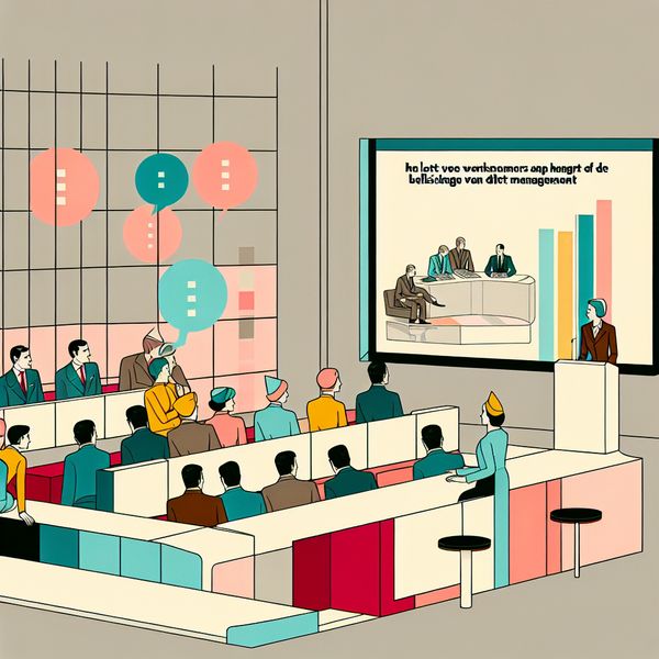 Retro-futuristische kantooromgeving met werknemers en managementbeslissingen Een retro-futuristische kantooromgeving met nervieuze werknemers die naar een groot scherm kijken met managementbeslissingen
