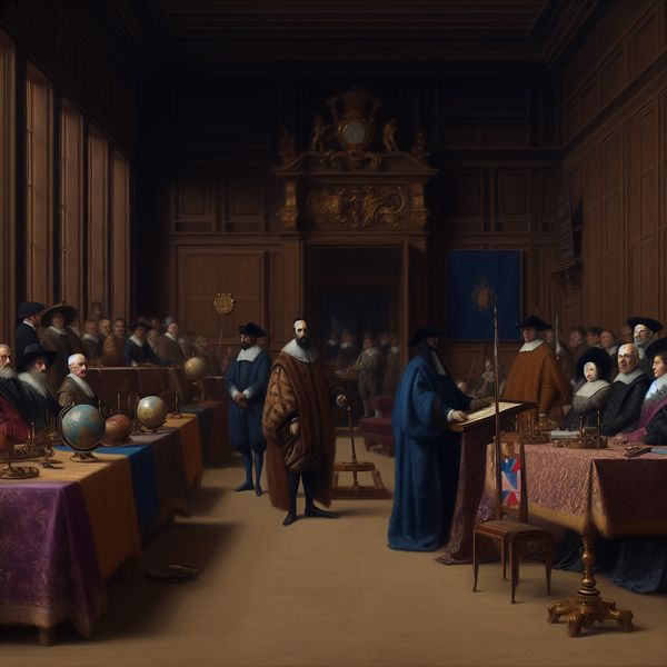 Diplomatische bijeenkomst van westerse landen in een historische zaal met wereldbol, hamer en sanctiedocumenten