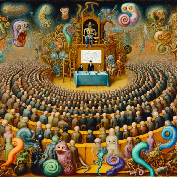 Een grote menigte op een wetenschappelijk congres luistert gefascineerd naar een presentatie op een surrealistisch podium, omringd door bizarre wezens.