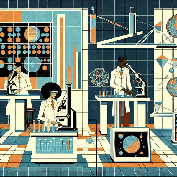 Retro-futuristische illustratie van een universitair laboratorium waar wetenschappers systematisch onderzoek doen met geavanceerde apparatuur en holografische data