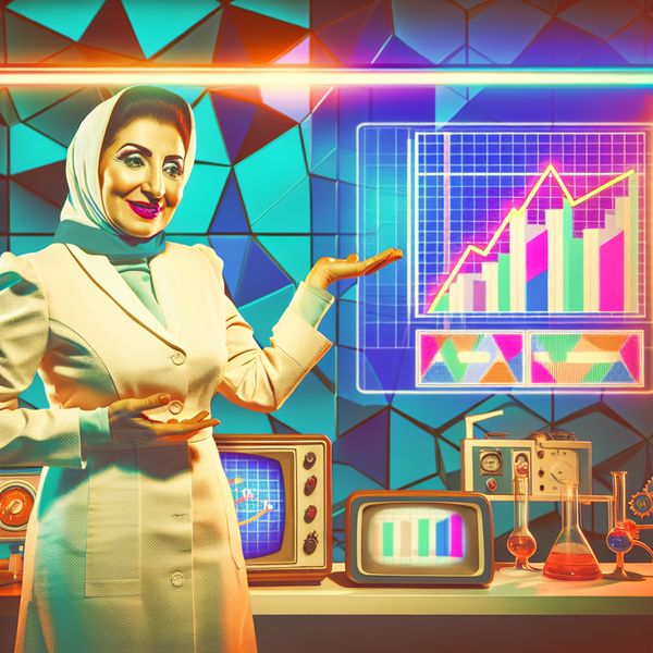 Wetenschapper analyseert data in een modern retro-futuristisch laboratorium Wetenschapper in een modern laboratorium die kleurrijke datadiagrammen bekijkt.