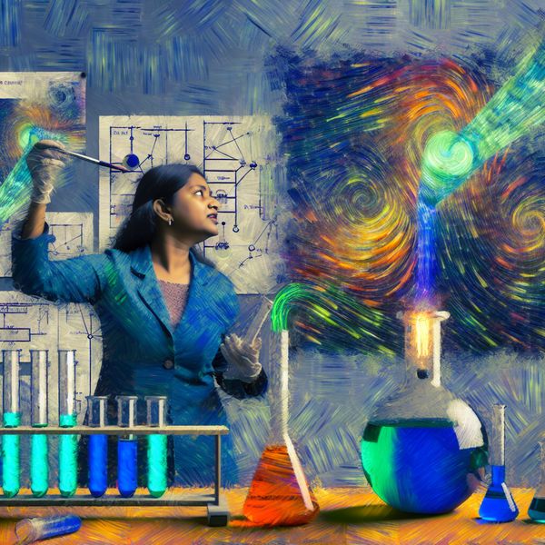 Wetenschapper Conducteert Experiment in Laboratorium Een wetenschapper in een laboratorium voert een experiment uit met kleurrijke vloeistoffen in bekers en reageerbuisjes.