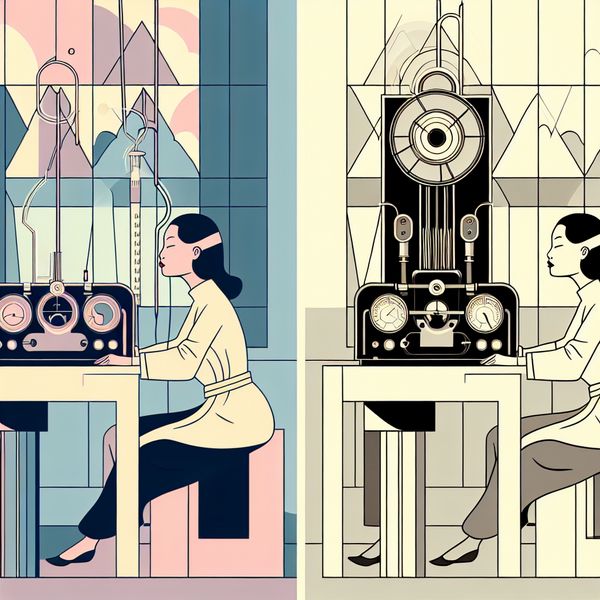 Een wetenschapster in een moderne laboratorium met een hor, dat scherpe visuele en auditieve metingen toont, omgeven door retro-futuristische elementen.