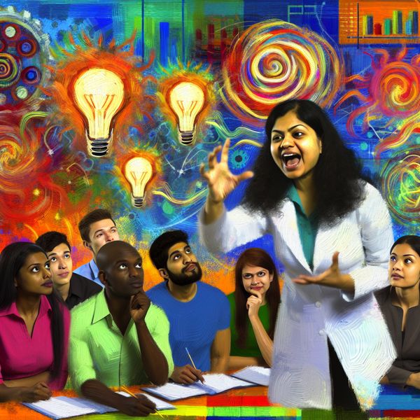 Wetenschapper uitlegt innovatieve ideeën in kleurrijk laboratorium Een opwindende afbeelding van een wetenschapper die een innovatieve benadering uitlegt aan een groep studenten in een kleurrijk laboratorium.