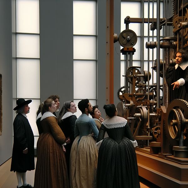 Wetenschapper demonstreert een complexe machine aan studenten in historische kleding in een elegante tentoonstellingsruimte.
