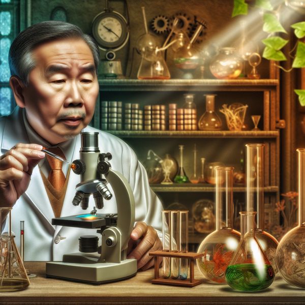 Wetenschapper Inspecteert Voorwerp Door Microscoop in Cozy Laboratorium Een wetenschapper kijkt door een microscoop in een gezellige laboratoriumomgeving met labapparatuur en boeken op de achtergrond.