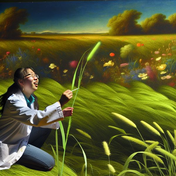 Een jonge wetenschapper knielt in een groene weide en plukt zorgvuldig een spriet gras, omringd door kleurrijke wilde bloemen en dramatisch zonlicht.