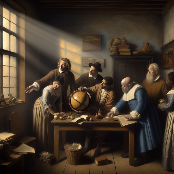 Wetenschappers Bespreken Waarheid en Wetenschap Groep wetenschappers rond een tafel, met een man die wijst naar een globe, in een interieur geïnspireerd door Vermeer.