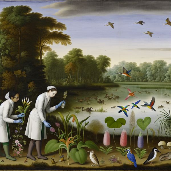 Wetenschappers bewateren een diverse planten- en bloemenwereld in een ecosysteem met levendige dieren op de achtergrond.