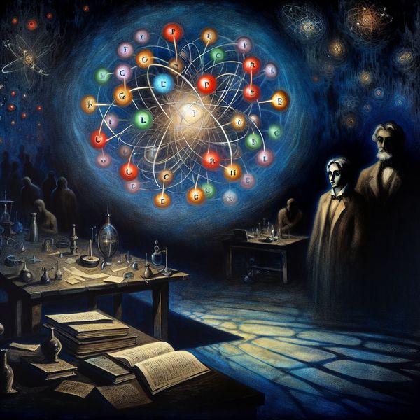 Wetenschappers in een duister laboratorium met protonen en quarks Illustratie van wetenschappers in een duister laboratorium met een gloeiend model van een proton en kleurrijke quarks