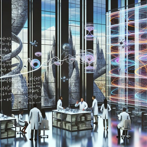 Wetenschappers in een hyperrealistisch laboratorium Een hyper-realistisch beeld van wetenschappers in een laboratorium, omringd door bizarre architectonische elementen en een groot krijtbord met complexe formules.