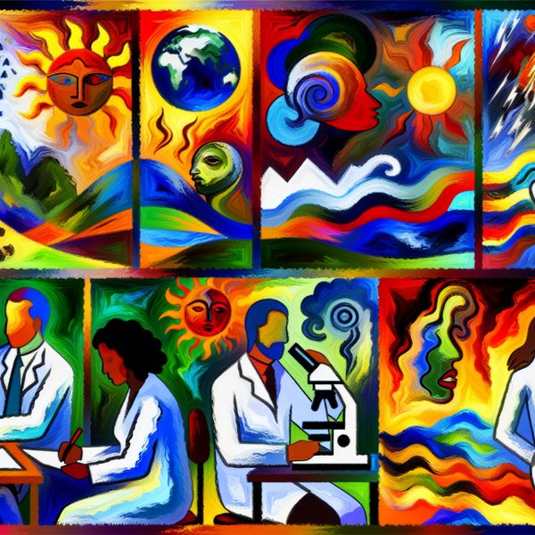 Kleurvolle wetenschappers in abstracte laboratoriumomgeving analyseren klimaatverandering