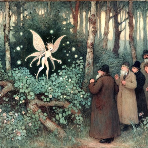 Wetenschappers ontdekken een mystiek wezen in het bos Illustratie van wetenschappers die een nieuw, mystiek wezen ontmoeten in een betoverd bos