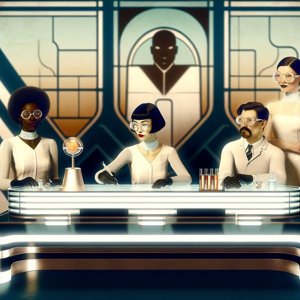Wetenschappers testen nieuw medicijn in modern laboratorium Retro-futuristische illustratie van een groep wetenschappers die een medicijn testen in een modern laboratorium.