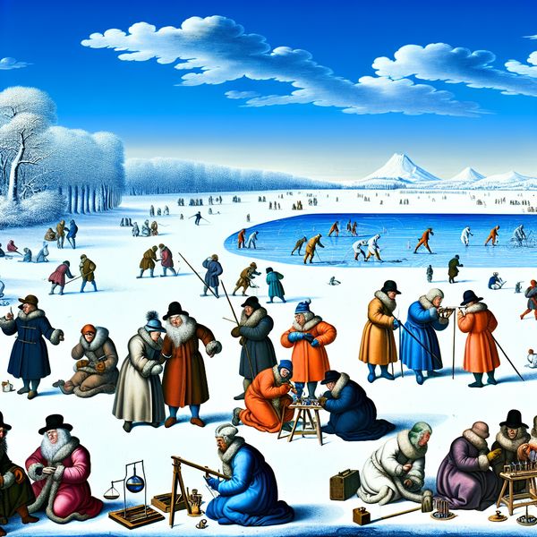 Wetenschappers voeren een experiment uit in een winterlandschap met een bevroren meer op de achtergrond.