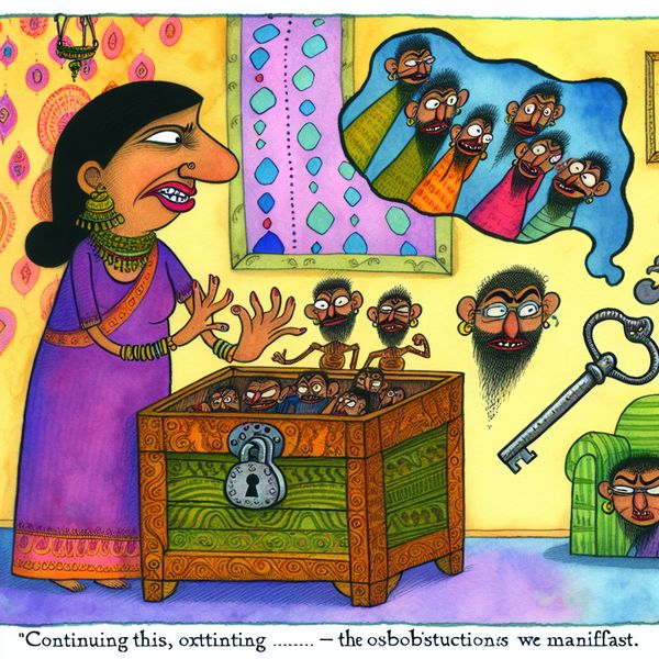 Whimsieke cartoon vrouw met emoties in een kleurrijke kamer Een cartoonachtige afbeelding van een vrouw in een kleurrijke kamer, omringd door uitdrukkingsvolle cartoonfiguren die haar emoties verbeelden, met een grote houten kist met een zwaar slot.