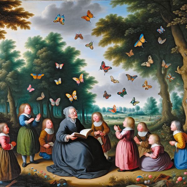 Kinderen leren met een wijsje in een serene buitenomgeving Een kindvriendelijk landschap met een oudere die een vrolijk wijsje zingt voor kinderen, omringd door kleurrijke vlinders.