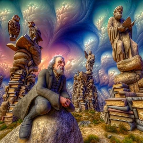 Wisdom and Knowledge in a Surreal Landscape Een oudere man met een wijze uitdrukking zit op een grote, verweerde steen in een surrealistisch landschap, omringd door monumentale sculpturen die kennis en wijsheid symboliseren.