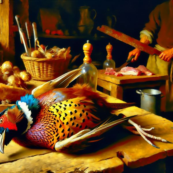 Rustieke herfst- of winterkeuken met vers gejaagd wild, zoals een fazant of eend, klaar voor bereiding in de stijl van Frans Hals