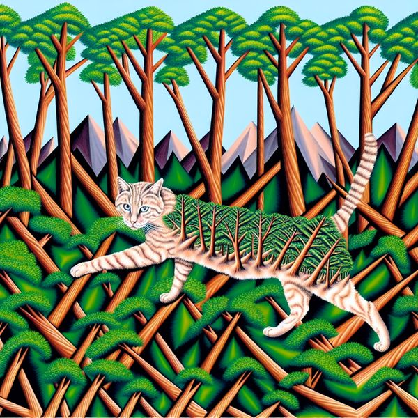 Wildcat in Natural Habitat - Surreal Geometric Art Een wilde kat die zich door een dicht bos beweegt, weergegeven in een surrealistische en geometrische stijl.