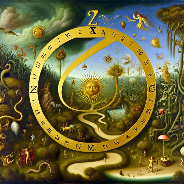Windrichting zuid symbolisch weergegeven met gouden 'Z' en tropische elementen Surrealistische voorstelling van windrichting zuid met gouden 'Z', zon, tropische planten en fantasiewezens in de stijl van Hieronymus Bosch