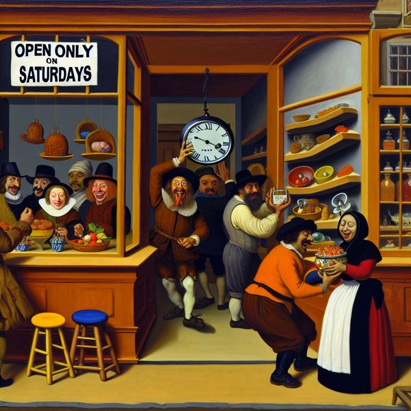 Humoristische winkel scène met alleen zaterdag opening Een levendige en humoristische scène in een winkel, met een groot bord 'Alleen open op zaterdagen' en een diverse groep mensen die interactie hebben.