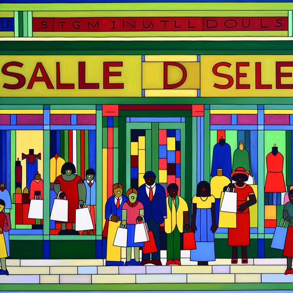 Winkeluitverkoop met blije klanten en grote kortingen Colorful storefront during a busy sale with happy customers carrying shopping bags.