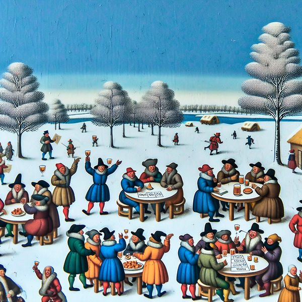 Lively winter landscape with people in warm clothing having a successful outdoor business meeting.