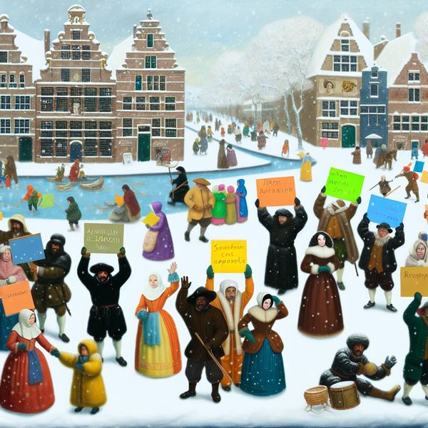 Demonstratie voor Verandering in een Winterlandschap Een winterlandschap met een diverse groep mensen in warme kleding die demonstreren met kleurrijke borden in de sneeuw.