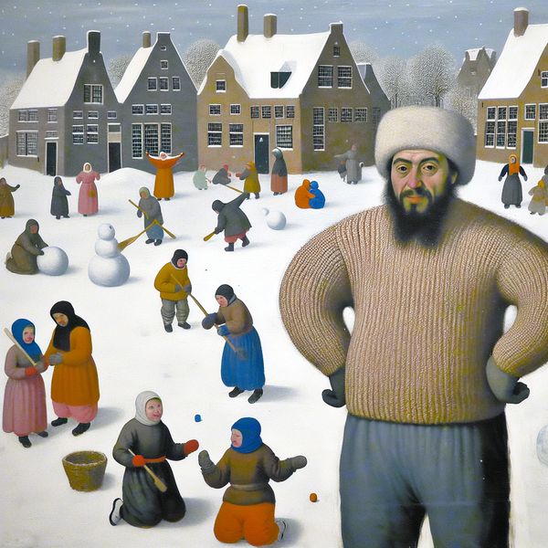 Winterse gezelligheid met een dikke trui Een man in een dikke trui staat op een met sneeuw bedekte straat te midden van een winterse scene.