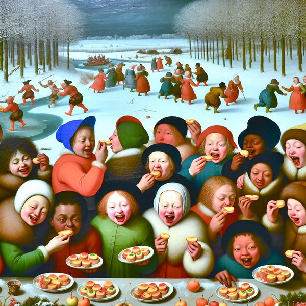 Vrolijke winterdiners met lasagnetjes op een terras Vrolijke kinderen genieten van kleine porties lasagne op een sneeuwbedekt terras in een winterlandschap.