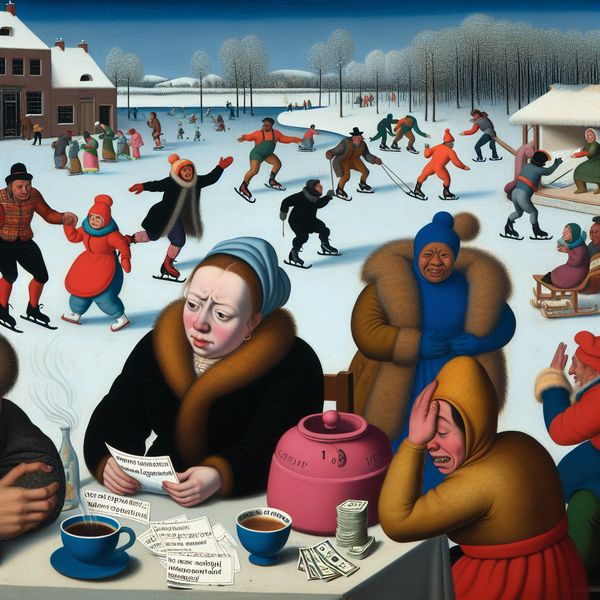 Familiebijeenkomst in de winter met financiële discussies Een familie samenkomst in de winter, waar een vrouw haar uitgaven berekent te midden van verspreide rekeningen, met andere familieleden die koffie drinken en over financiële strategieën praten op een besneeuwde achtergrond.