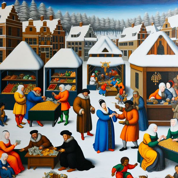 Een levendig winterlandschap met een druk financieel marktplein vol mensen die onderhandelen en goederen uitwisselen bij kleurrijke stalls, met op de achtergrond een sneeuwbedekt dorp.