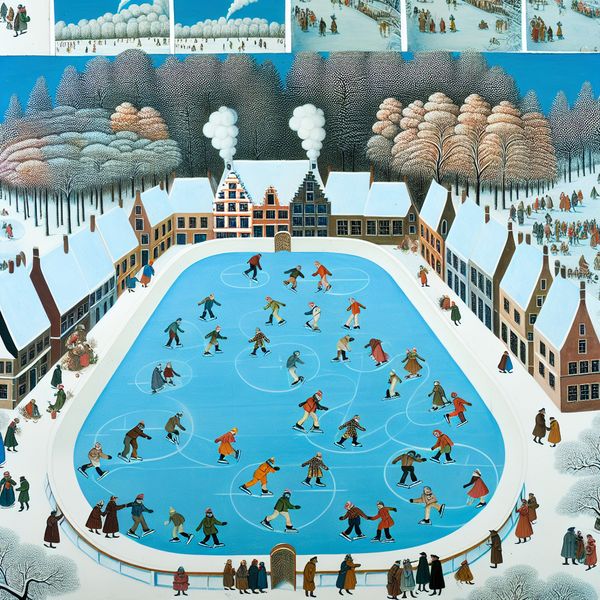 Vrolijke figuren op een ijsbaan in winterlandschap Een winterlandschap met een ijsbaan waar blije figuren aan het dansen en schaatsen zijn, omringd door besneeuwde bomen en kleine huisjes.