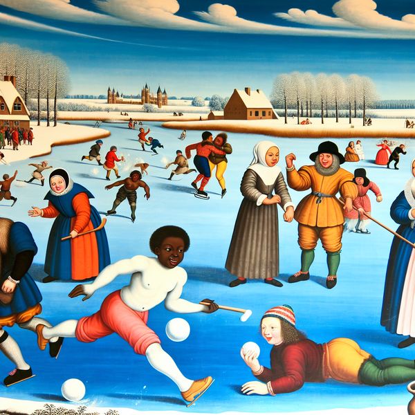Groep blije kinderen speelt op een bevroren vijver met sneeuwballen en schaatsen in een winterlandschap.