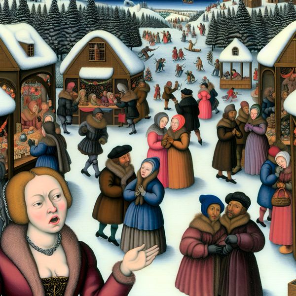 Een vrouw met een verbaasde uitdrukking houdt een spraakwolk vast in een winterse marktscène met mensen die winkelen en interacties hebben.