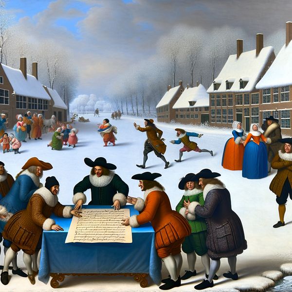 Een levendige winterscène met een groep mensen die in discussie zijn over een contract op een houten tafel, met sneeuw en spelende kinderen op een bevroren vijver op de achtergrond.