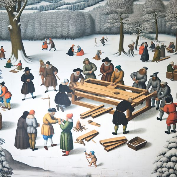 Groep mensen rond een houten tafel aan het repareren met een stuk hout in een sneeuwlandschap
